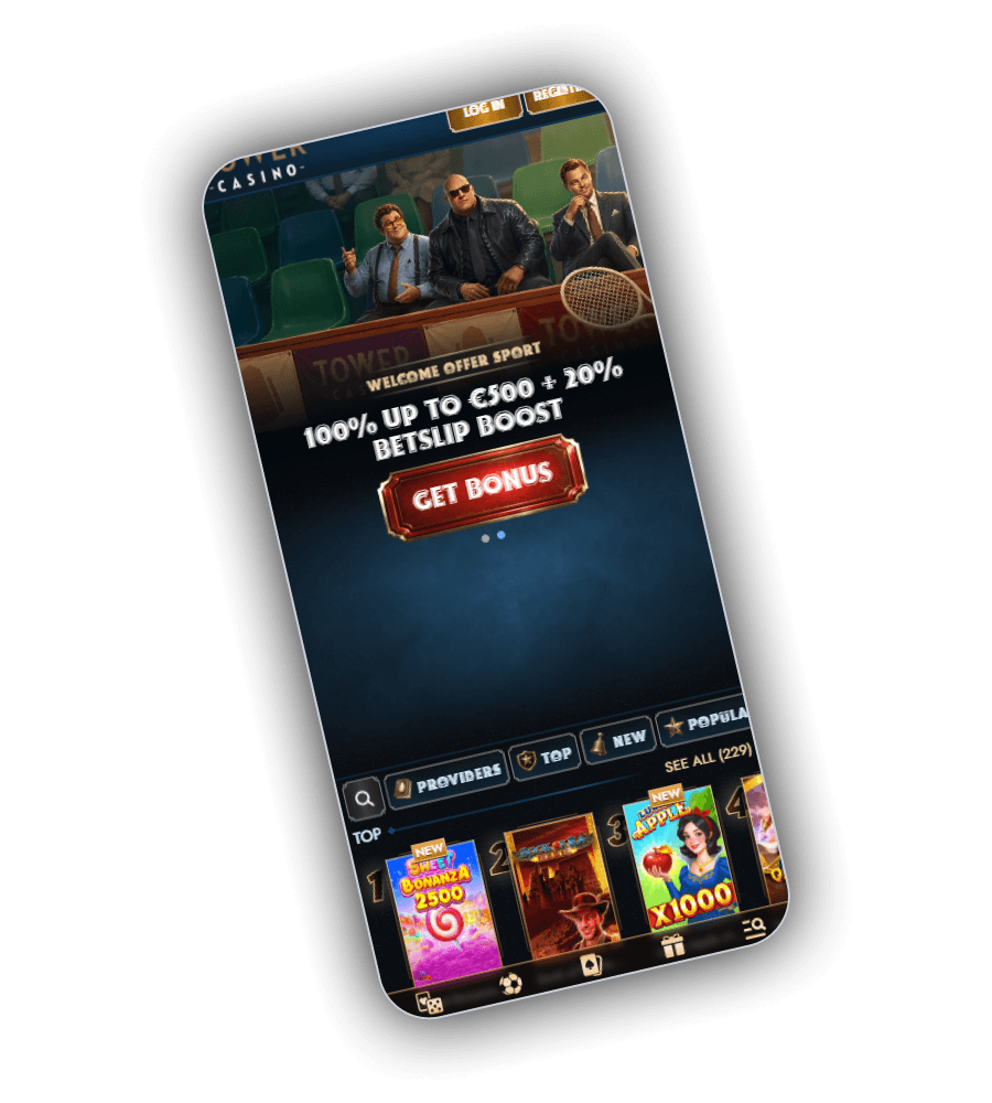 Tower Casino home view with the 100 percent up to 2,000 euro welcome offer and 300 free spins